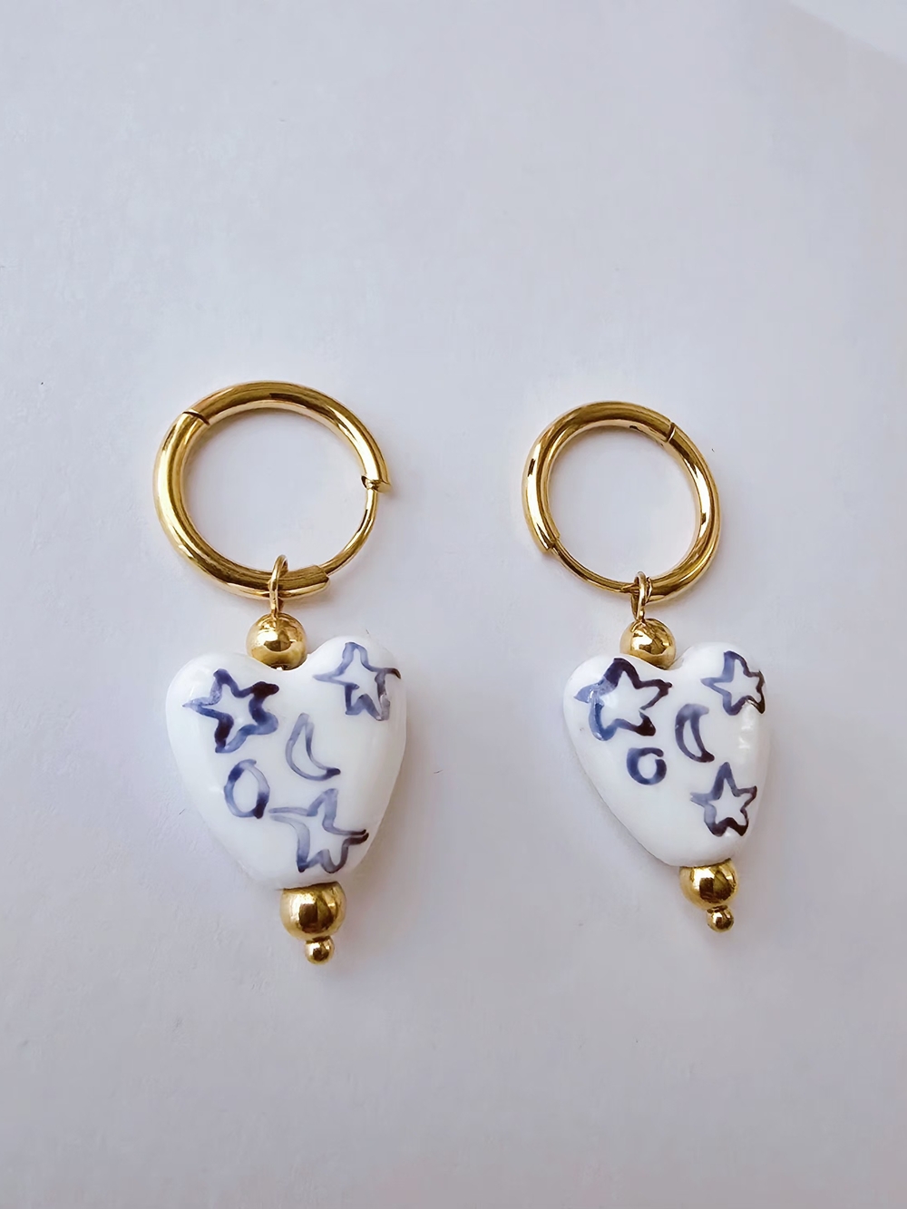 Gold Hoop Earrings with White Ceramic Whimsical Heart Star &‎ Moon Charms